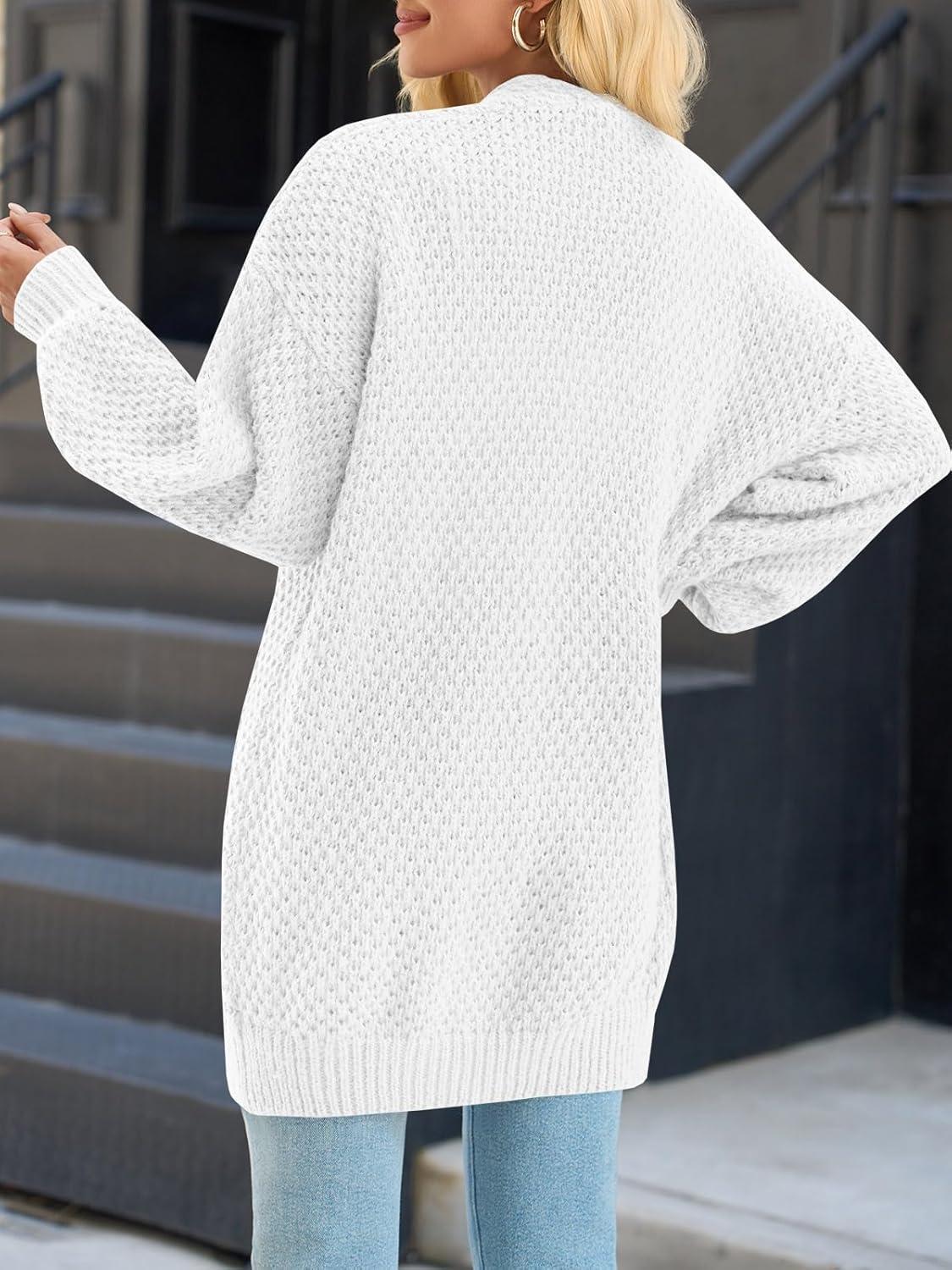 imageSaodimallsu Womens Oversized Open Front Cardigans Fall Chunky Knit Lantern Long Sleeve Sweater Coats with PocketsWhite