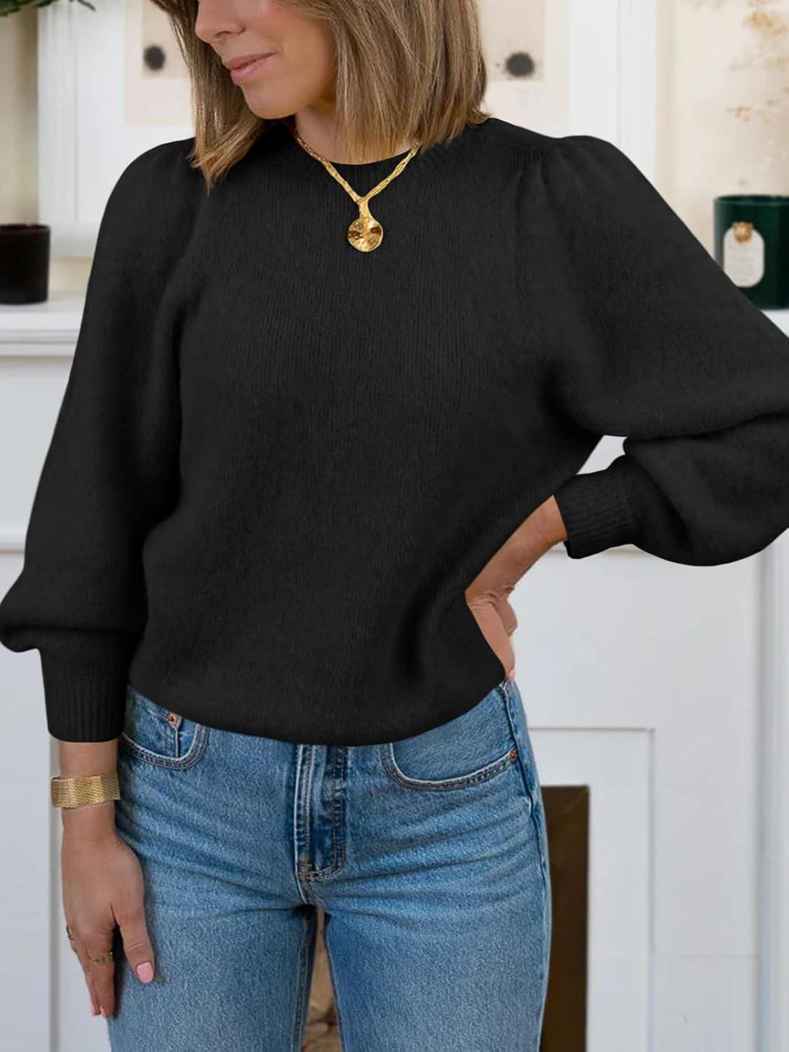 imageSaodimallsu Womens Puff Long Sleeve Sweaters Fall Crew Neck Cozy Soft Knit Loose Casual Pullover TopsBlack