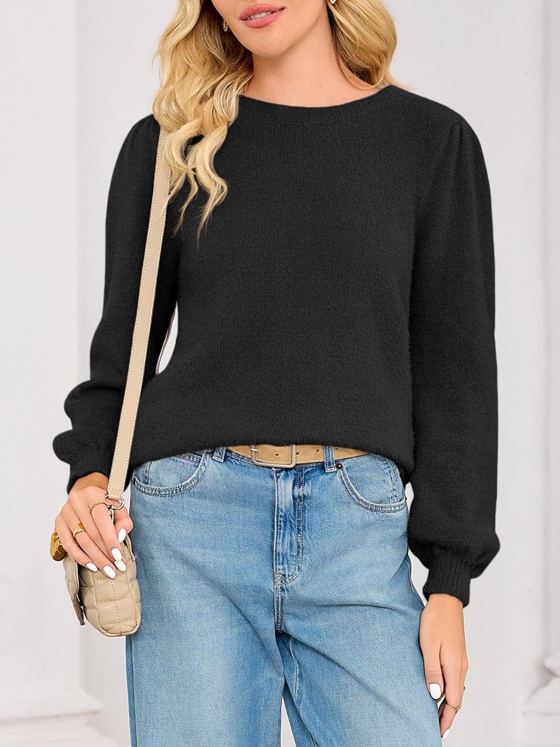 imageSaodimallsu Womens Puff Long Sleeve Sweaters Fall Crew Neck Cozy Soft Knit Loose Casual Pullover TopsBlack