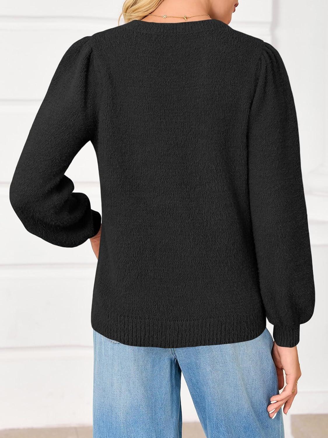 imageSaodimallsu Womens Puff Long Sleeve Sweaters Fall Crew Neck Cozy Soft Knit Loose Casual Pullover TopsBlack