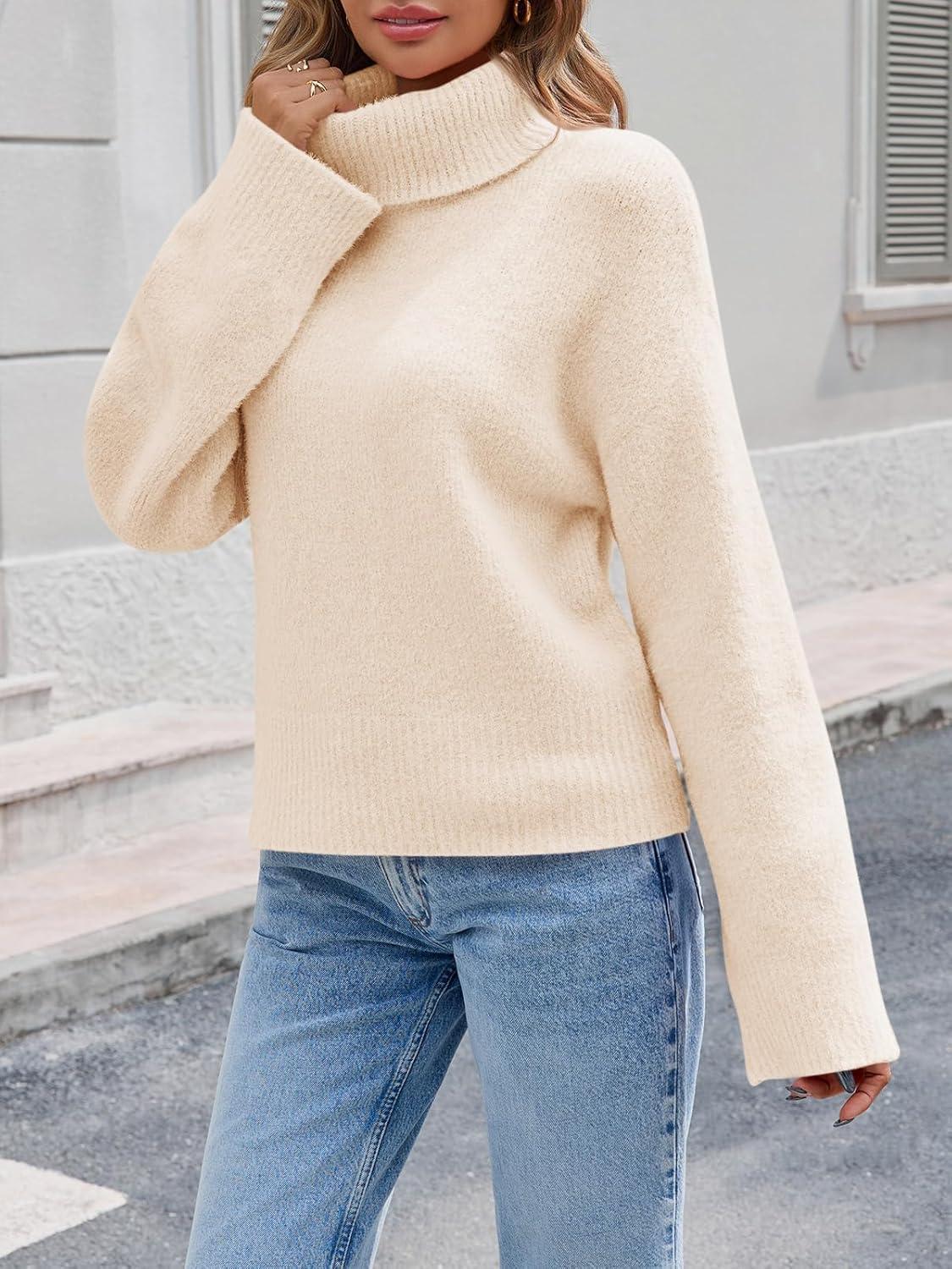 imageSaodimallsu Womens Turtleneck Fuzzy Sweaters Long Sleeve Chunky Knit Casual Loose Warm Fall Winter Pullover SweaterApricot
