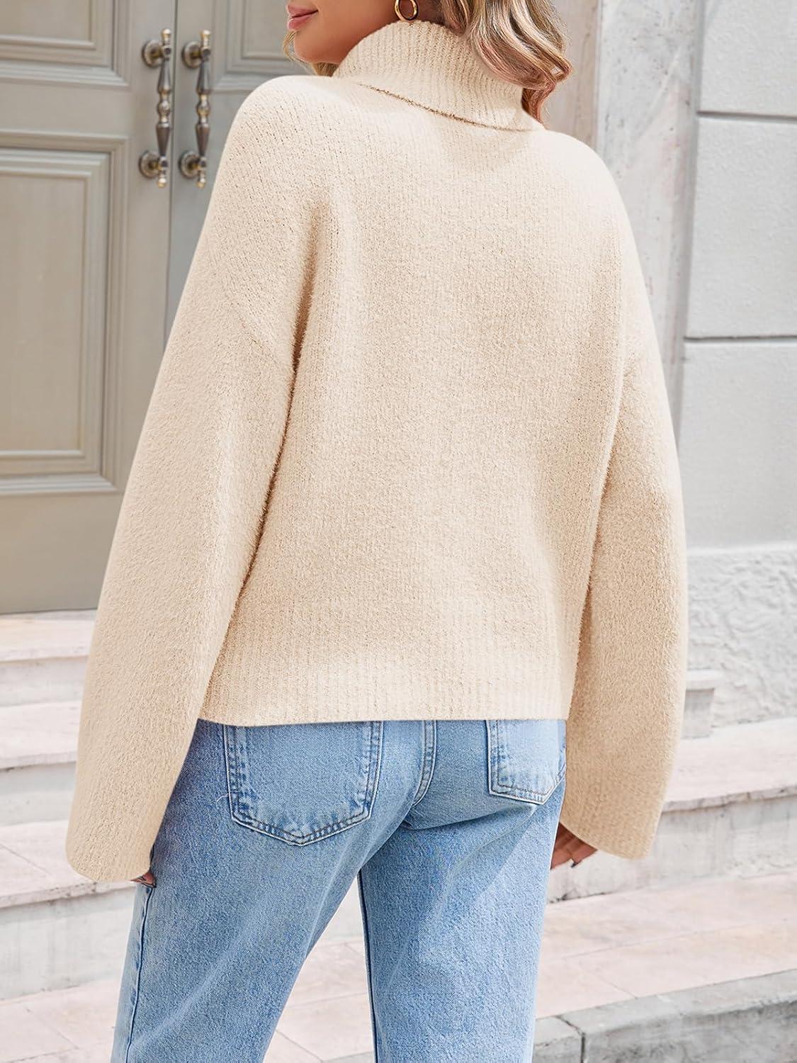 imageSaodimallsu Womens Turtleneck Fuzzy Sweaters Long Sleeve Chunky Knit Casual Loose Warm Fall Winter Pullover SweaterApricot