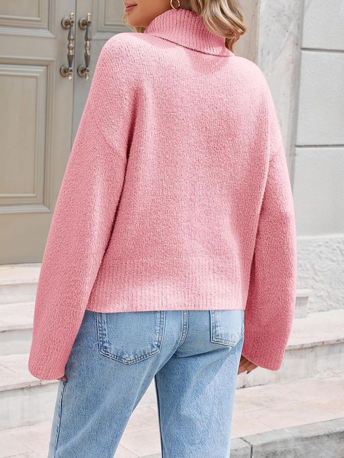 imageSaodimallsu Womens Turtleneck Fuzzy Sweaters Long Sleeve Chunky Knit Casual Loose Warm Fall Winter Pullover SweaterPink