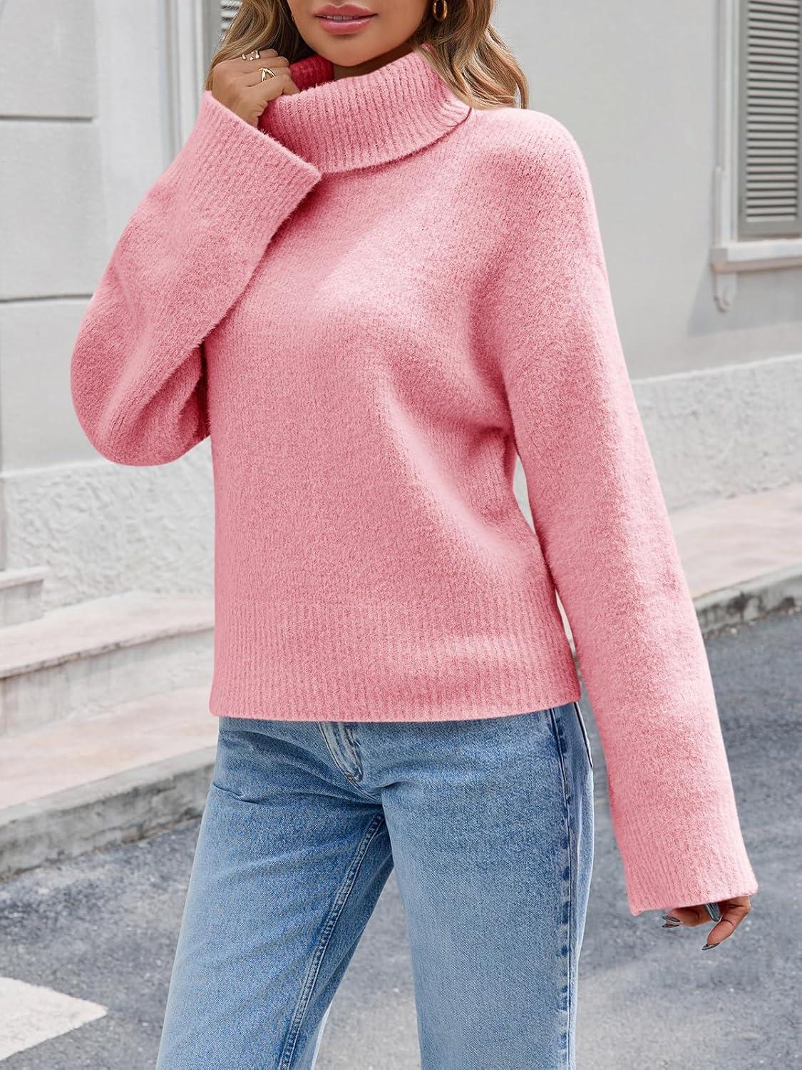 imageSaodimallsu Womens Turtleneck Fuzzy Sweaters Long Sleeve Chunky Knit Casual Loose Warm Fall Winter Pullover SweaterPink