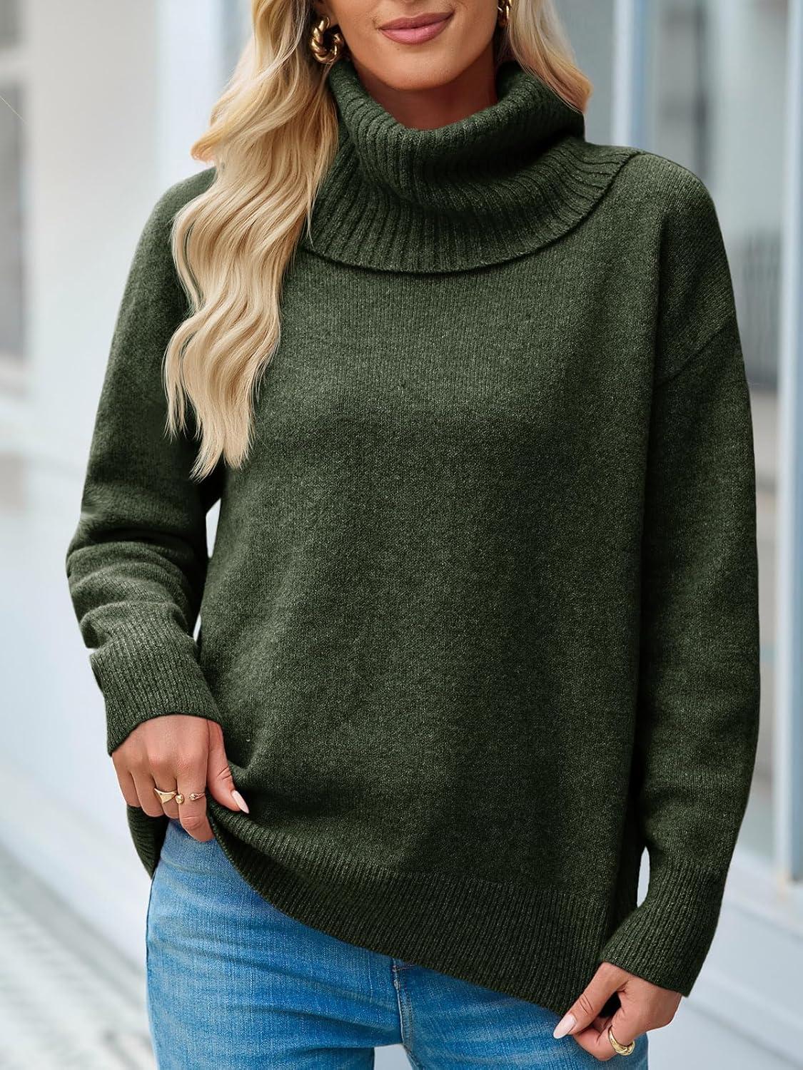 imageSaodimallsu Womens Turtleneck Sweaters Long Sleeve Casual Soft Knit Loose Fit Basic Fall Pullover Sweater TopsArmy Green