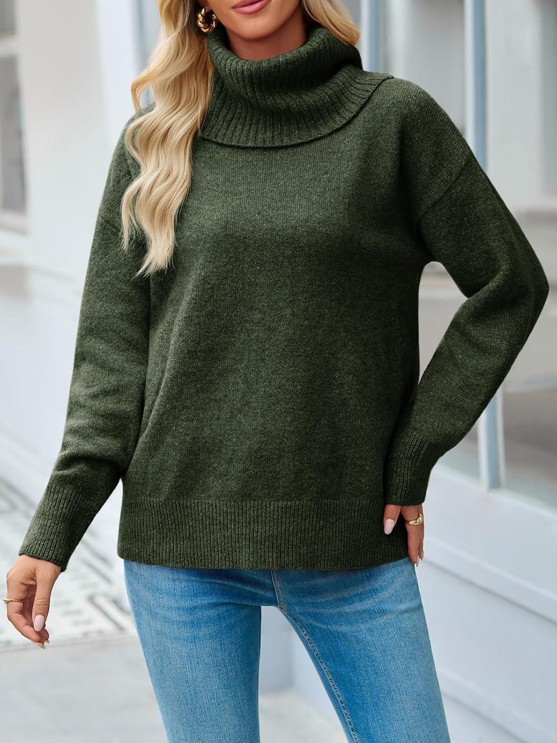 imageSaodimallsu Womens Turtleneck Sweaters Long Sleeve Casual Soft Knit Loose Fit Basic Fall Pullover Sweater TopsArmy Green