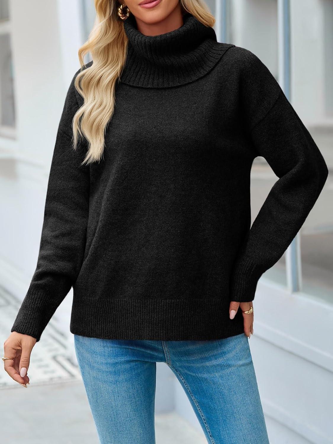 imageSaodimallsu Womens Turtleneck Sweaters Long Sleeve Casual Soft Knit Loose Fit Basic Fall Pullover Sweater TopsBlack