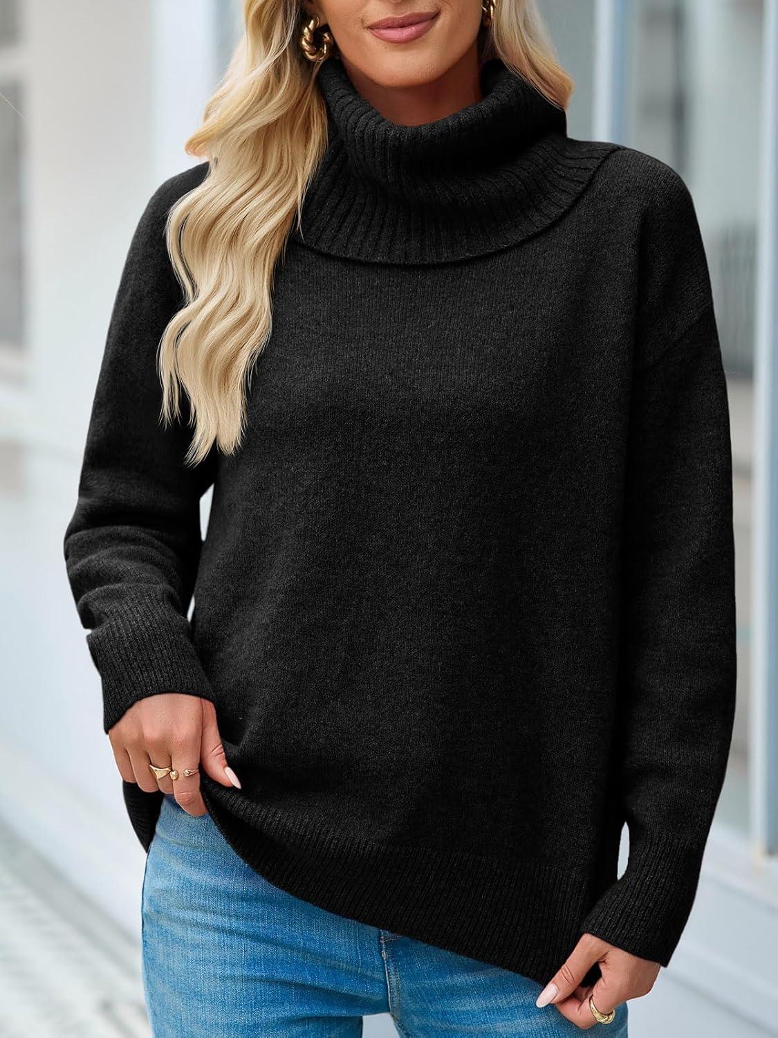 imageSaodimallsu Womens Turtleneck Sweaters Long Sleeve Casual Soft Knit Loose Fit Basic Fall Pullover Sweater TopsBlack