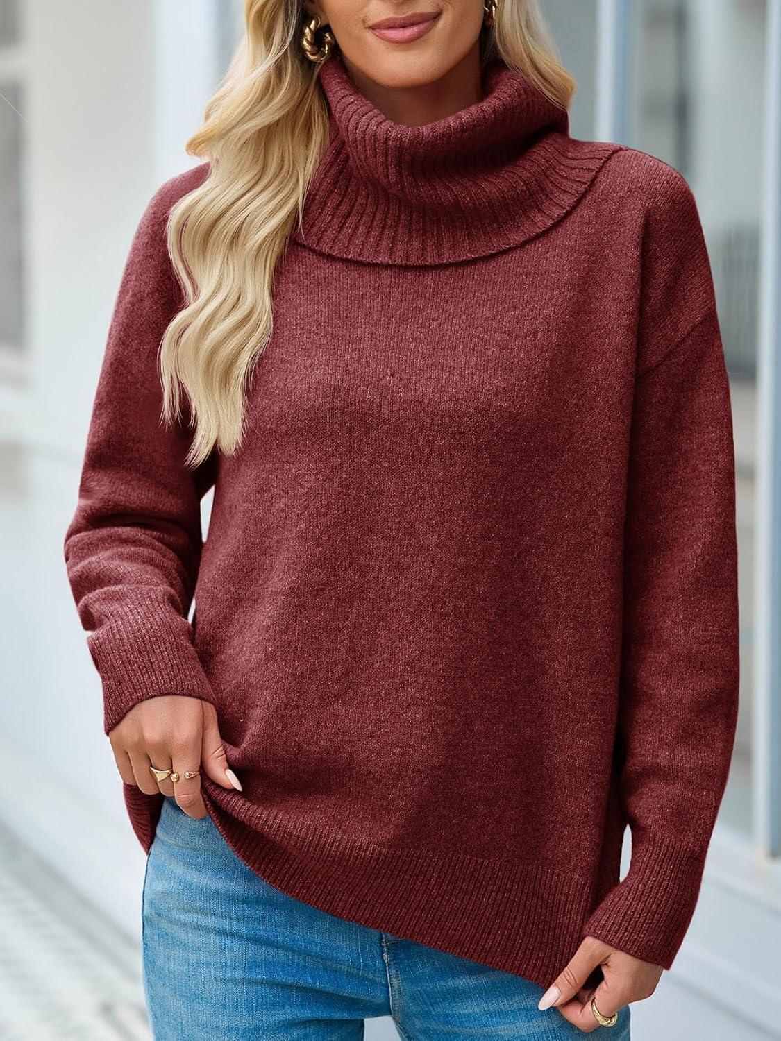 imageSaodimallsu Womens Turtleneck Sweaters Long Sleeve Casual Soft Knit Loose Fit Basic Fall Pullover Sweater TopsBurgundy