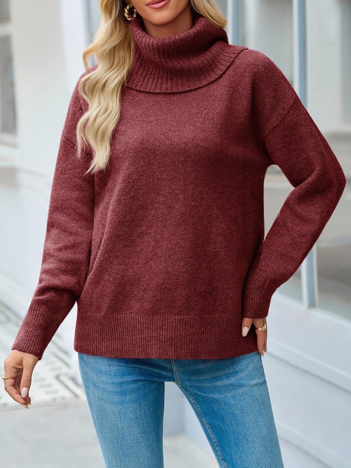 imageSaodimallsu Womens Turtleneck Sweaters Long Sleeve Casual Soft Knit Loose Fit Basic Fall Pullover Sweater TopsBurgundy