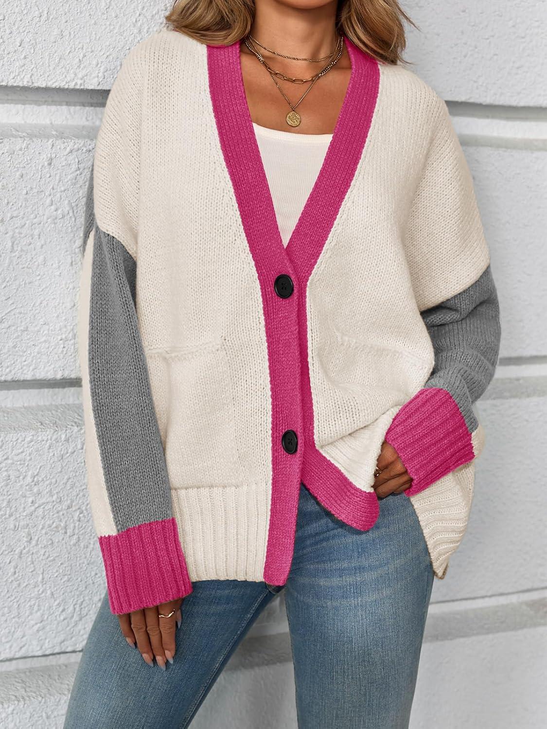 imageSaodimallsu Womens V Neck Cardigan Sweaters Color Block Button Oversized Long Sleeve Open Front Knit Sweater CoatsApricot