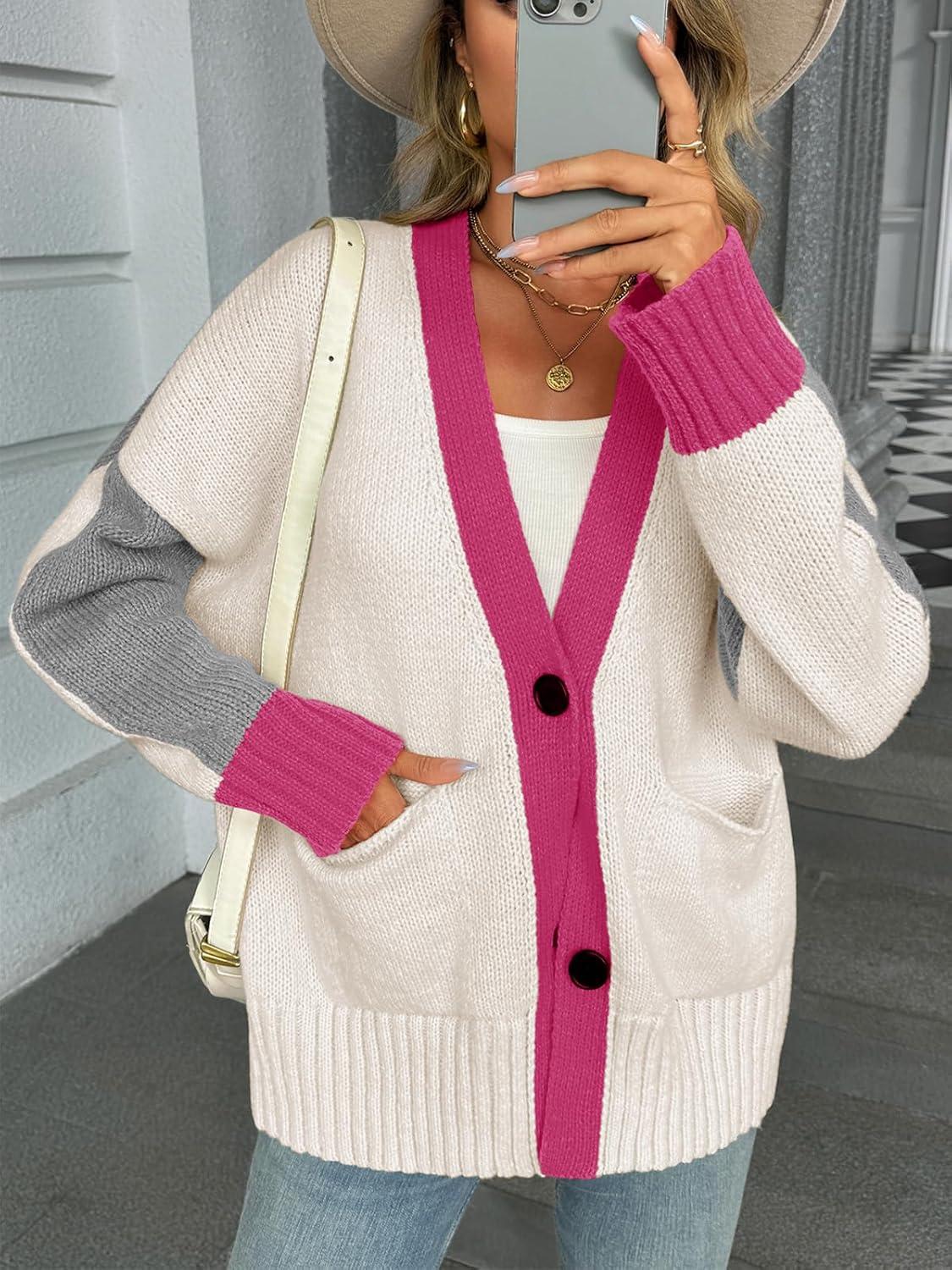 imageSaodimallsu Womens V Neck Cardigan Sweaters Color Block Button Oversized Long Sleeve Open Front Knit Sweater CoatsApricot