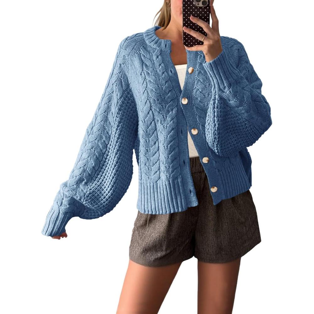 imageSaodimallsu Womens Cable Knit Cardigan Sweaters Button Up Crew Neck Long Sleeve Loose Fall Trendy Sweater CoatsBlue