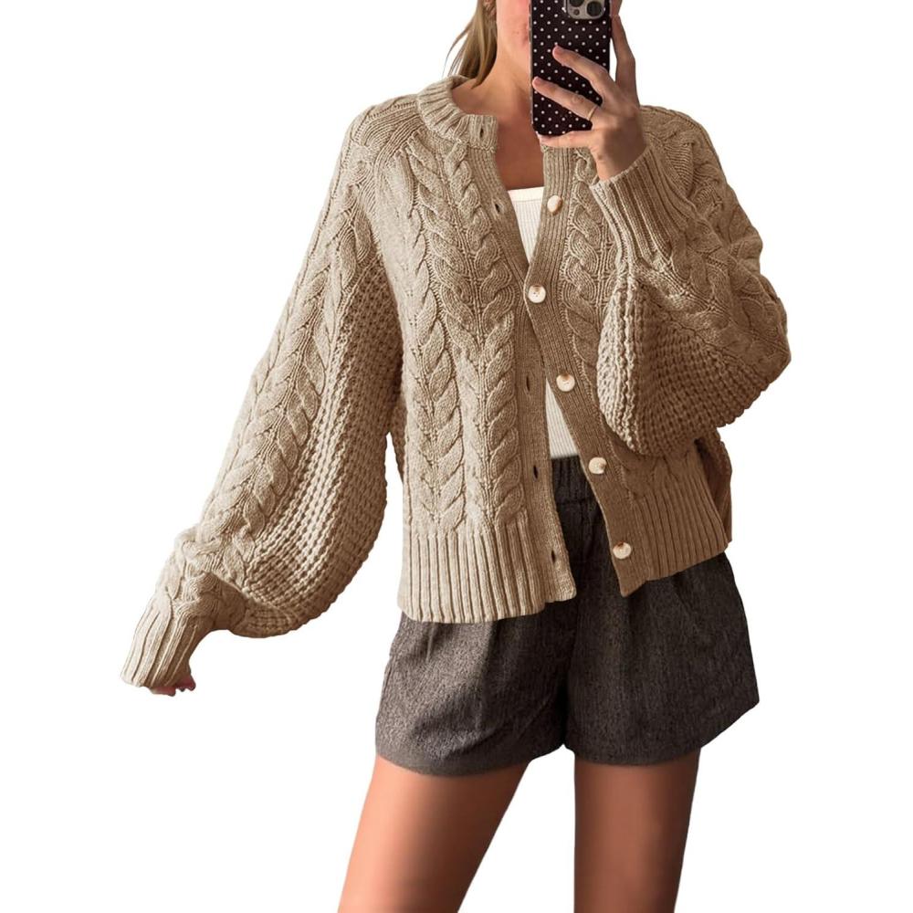 imageSaodimallsu Womens Cable Knit Cardigan Sweaters Button Up Crew Neck Long Sleeve Loose Fall Trendy Sweater CoatsKhaki