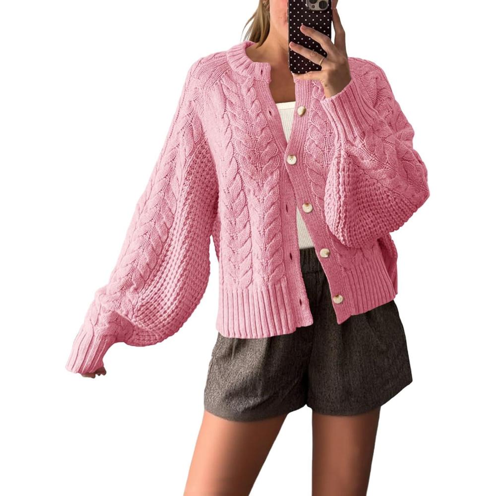 imageSaodimallsu Womens Cable Knit Cardigan Sweaters Button Up Crew Neck Long Sleeve Loose Fall Trendy Sweater CoatsPink