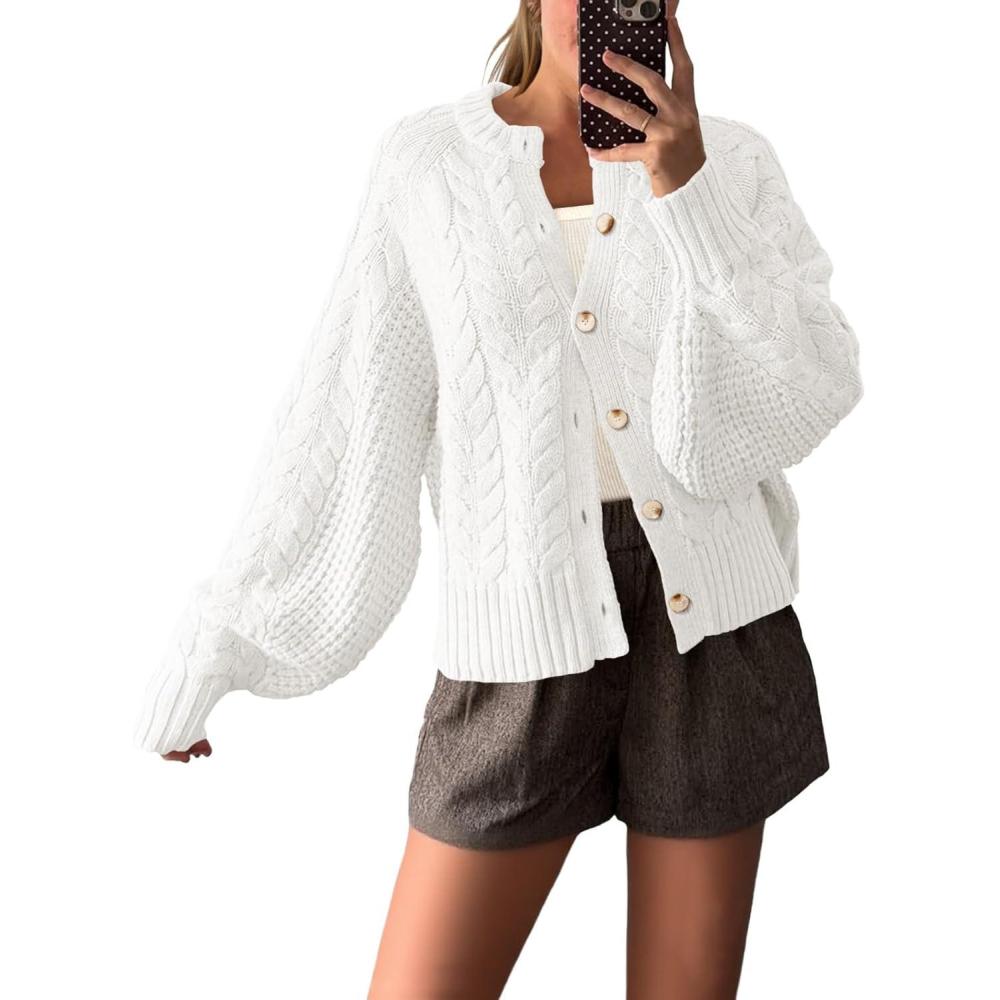 imageSaodimallsu Womens Cable Knit Cardigan Sweaters Button Up Crew Neck Long Sleeve Loose Fall Trendy Sweater CoatsWhite