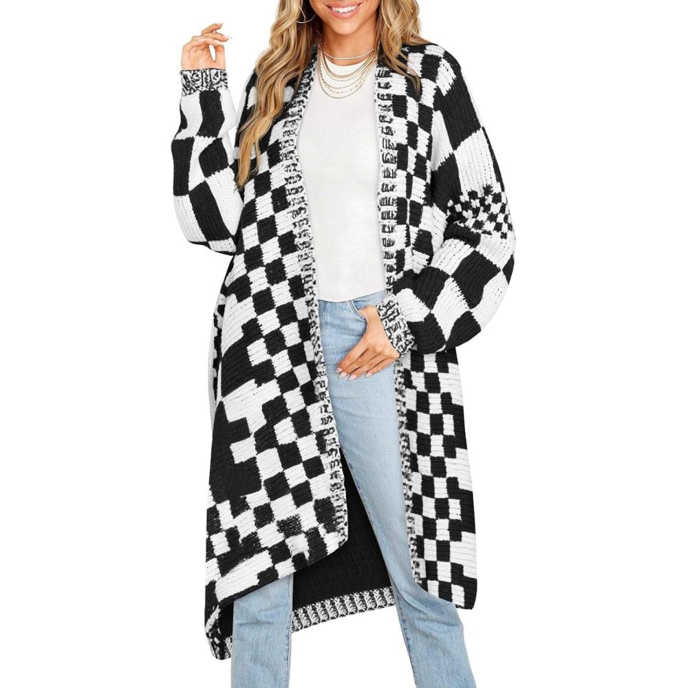 imageSaodimallsu Womens Checkered Long Cardigans Chunky Oversized Open Front Batwing Sleeve Color Block Knit Sweater CoatsBlackwhite