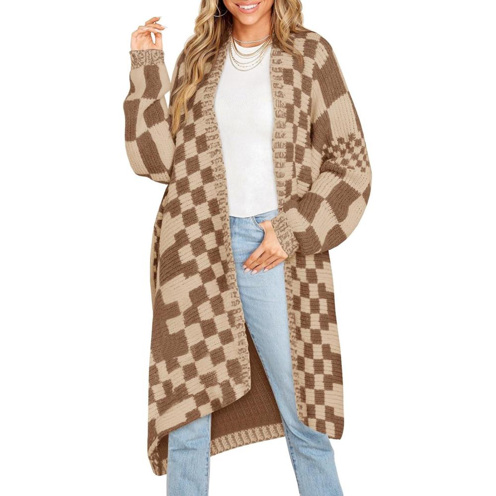 imageSaodimallsu Womens Checkered Long Cardigans Chunky Oversized Open Front Batwing Sleeve Color Block Knit Sweater CoatsDark Khaki