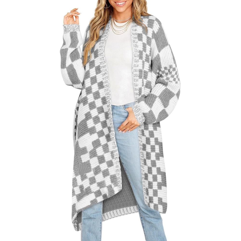 imageSaodimallsu Womens Checkered Long Cardigans Chunky Oversized Open Front Batwing Sleeve Color Block Knit Sweater CoatsGrey