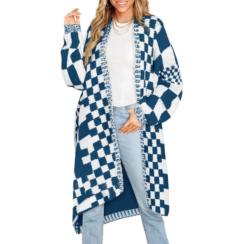 imageSaodimallsu Womens Checkered Long Cardigans Chunky Oversized Open Front Batwing Sleeve Color Block Knit Sweater CoatsNavy Blue