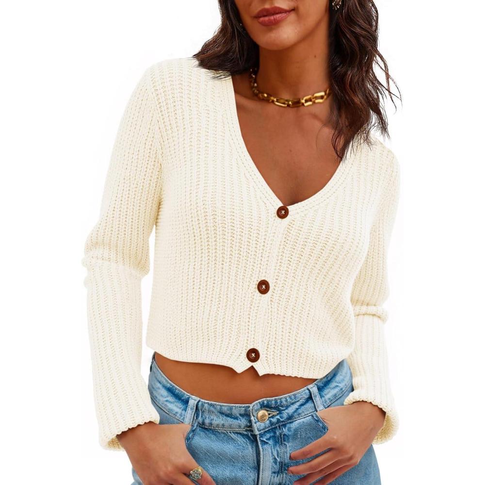 imageSaodimallsu Womens Cropped V Neck Cardigan Sweaters Long Sleeve Button Down Chunky Ribbed Knit Loose Crop Sweater TopsWhite