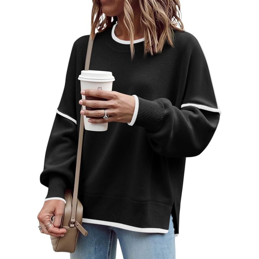 imageSaodimallsu Womens Fall Crew Neck Sweater Long Sleeve Color Block Sweaters Loose Casual Knit Pullover TopsBlack