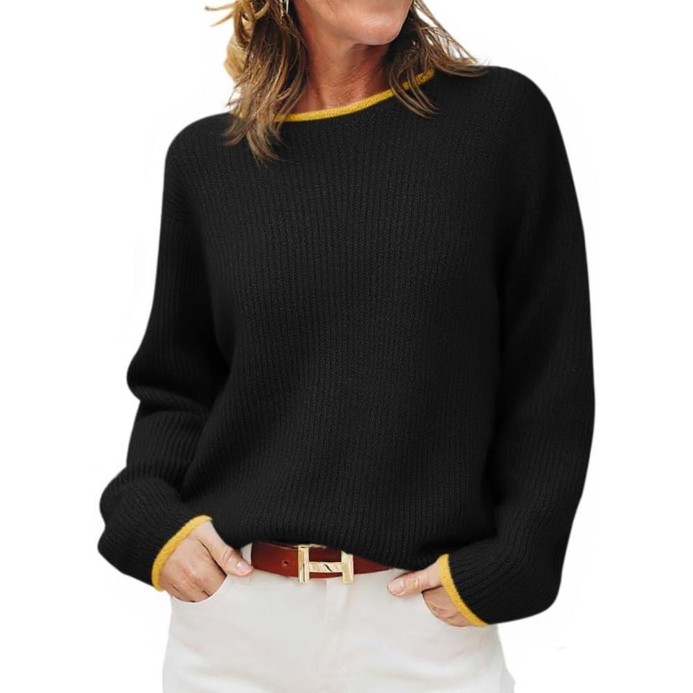 imageSaodimallsu Womens Fall Sweaters Long Sleeve Crew Neck Casual Trendy Chunky Ribbed Knit Color Block Loose Pullover TopsBlack