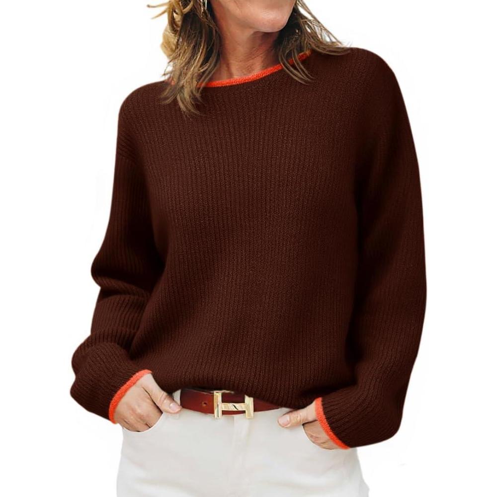 imageSaodimallsu Womens Fall Sweaters Long Sleeve Crew Neck Casual Trendy Chunky Ribbed Knit Color Block Loose Pullover TopsBrown