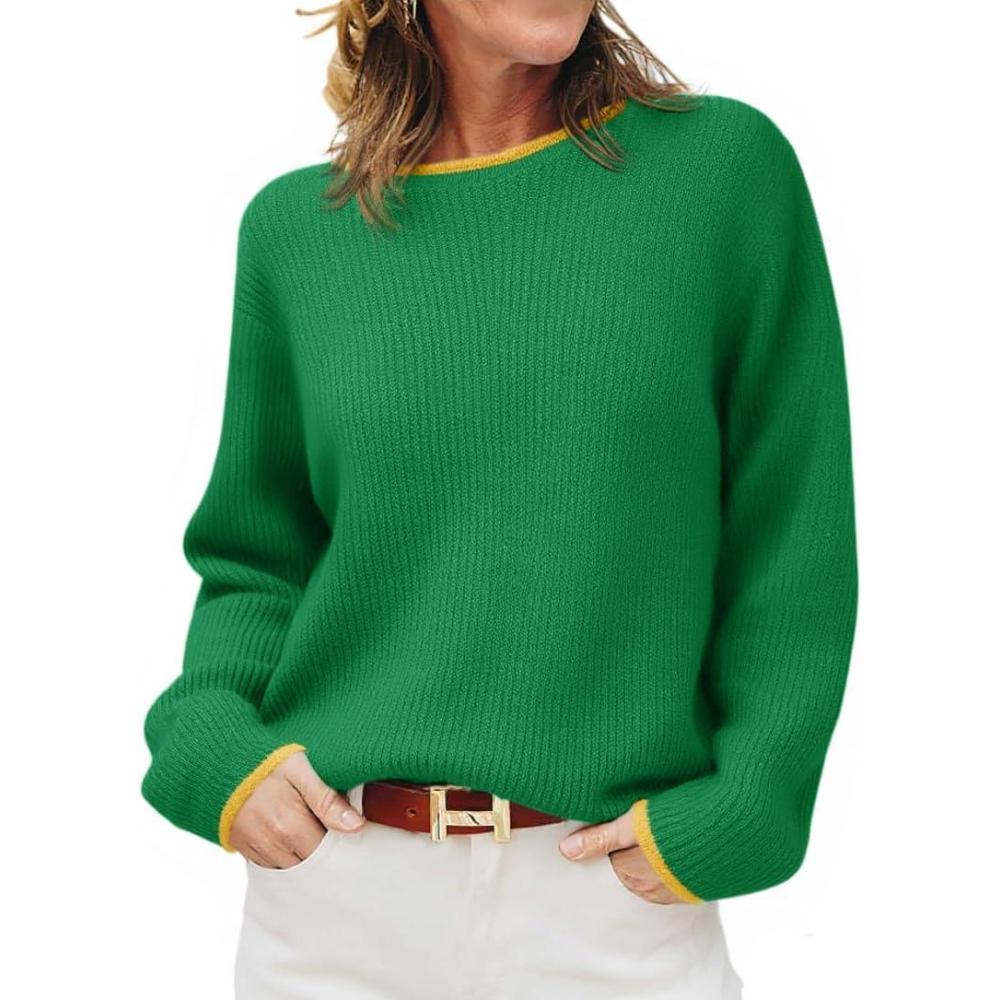 imageSaodimallsu Womens Fall Sweaters Long Sleeve Crew Neck Casual Trendy Chunky Ribbed Knit Color Block Loose Pullover TopsGreen