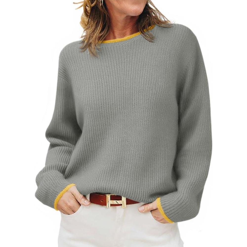 imageSaodimallsu Womens Fall Sweaters Long Sleeve Crew Neck Casual Trendy Chunky Ribbed Knit Color Block Loose Pullover TopsGrey