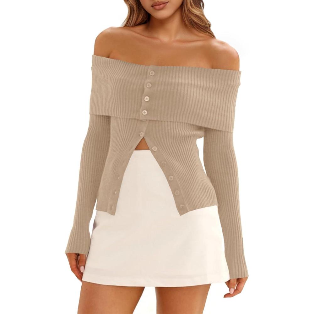 imageSaodimallsu Womens Off The Shoulder Sweaters Long Sleeve Fitted Ribbed Knit Button Down Trendy Date Night Sweater TopsKhaki