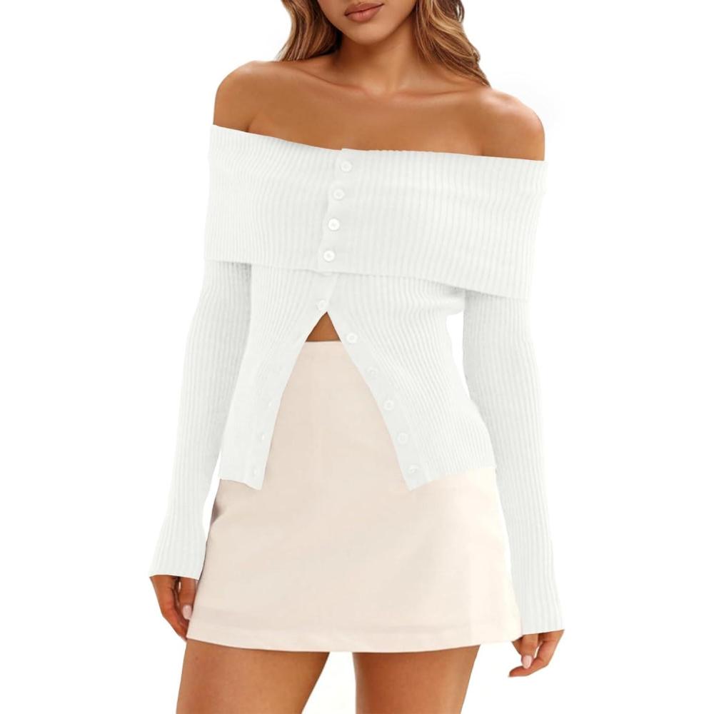 imageSaodimallsu Womens Off The Shoulder Sweaters Long Sleeve Fitted Ribbed Knit Button Down Trendy Date Night Sweater TopsWhite