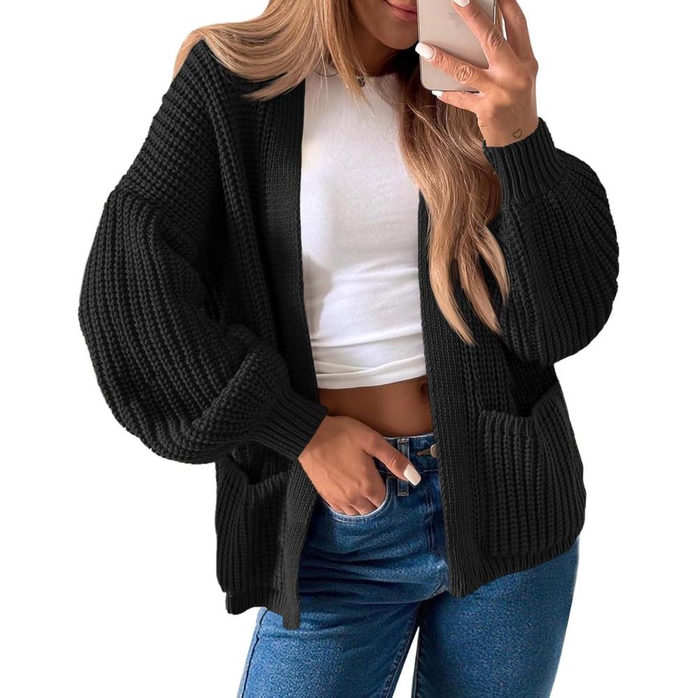 imageSaodimallsu Womens Oversized Cardigan Ribbed Chunky Knit Long Lantern Sleeve Open Front Fall Sweater CoatsBlack