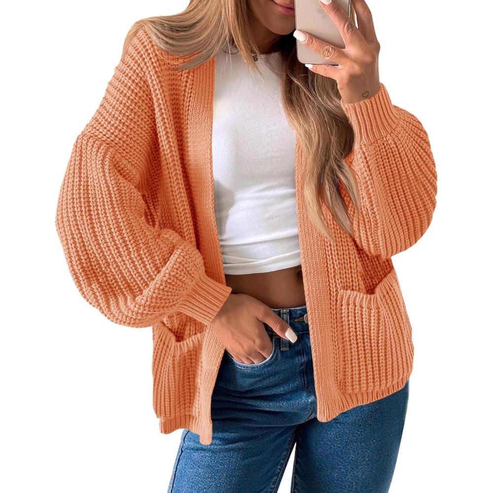 imageSaodimallsu Womens Oversized Cardigan Ribbed Chunky Knit Long Lantern Sleeve Open Front Fall Sweater CoatsOrange