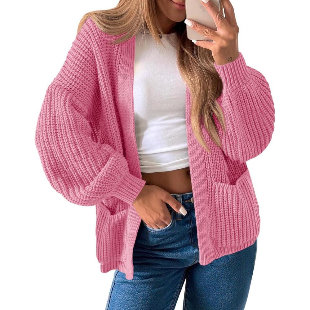 imageSaodimallsu Womens Oversized Cardigan Ribbed Chunky Knit Long Lantern Sleeve Open Front Fall Sweater CoatsPink