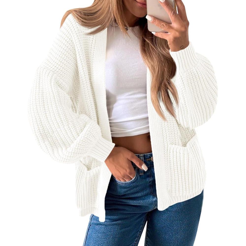imageSaodimallsu Womens Oversized Cardigan Ribbed Chunky Knit Long Lantern Sleeve Open Front Fall Sweater CoatsWhite