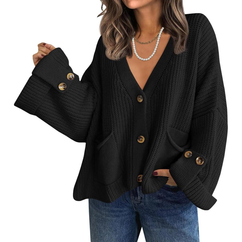 imageSaodimallsu Womens Oversized Cardigan Sweaters Button Up V Neck Long Sleeve Open Front Chunky Knit Sweater CoatsBlack