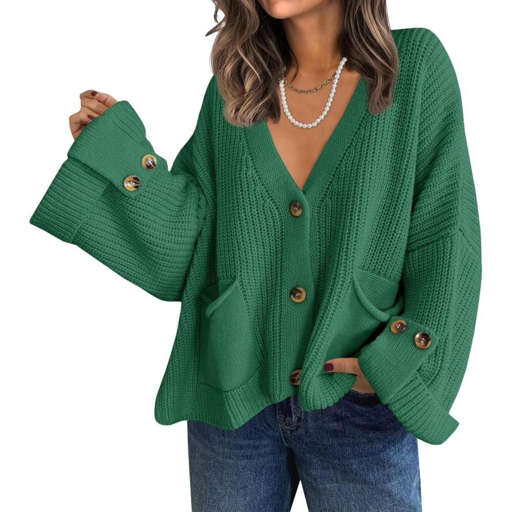 imageSaodimallsu Womens Oversized Cardigan Sweaters Button Up V Neck Long Sleeve Open Front Chunky Knit Sweater CoatsGreen