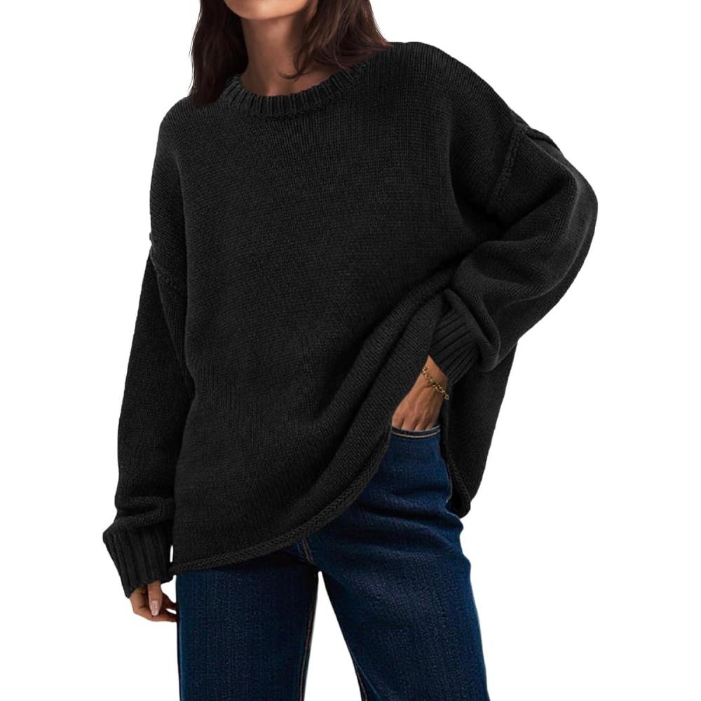 imageSaodimallsu Womens Oversized Crew Neck Sweaters Long Sleeve Slouchy Knit Fall Casual Loose Pullover TopsBlack