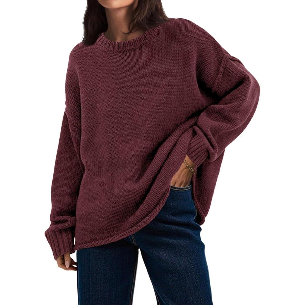 imageSaodimallsu Womens Oversized Crew Neck Sweaters Long Sleeve Slouchy Knit Fall Casual Loose Pullover TopsBurgundy