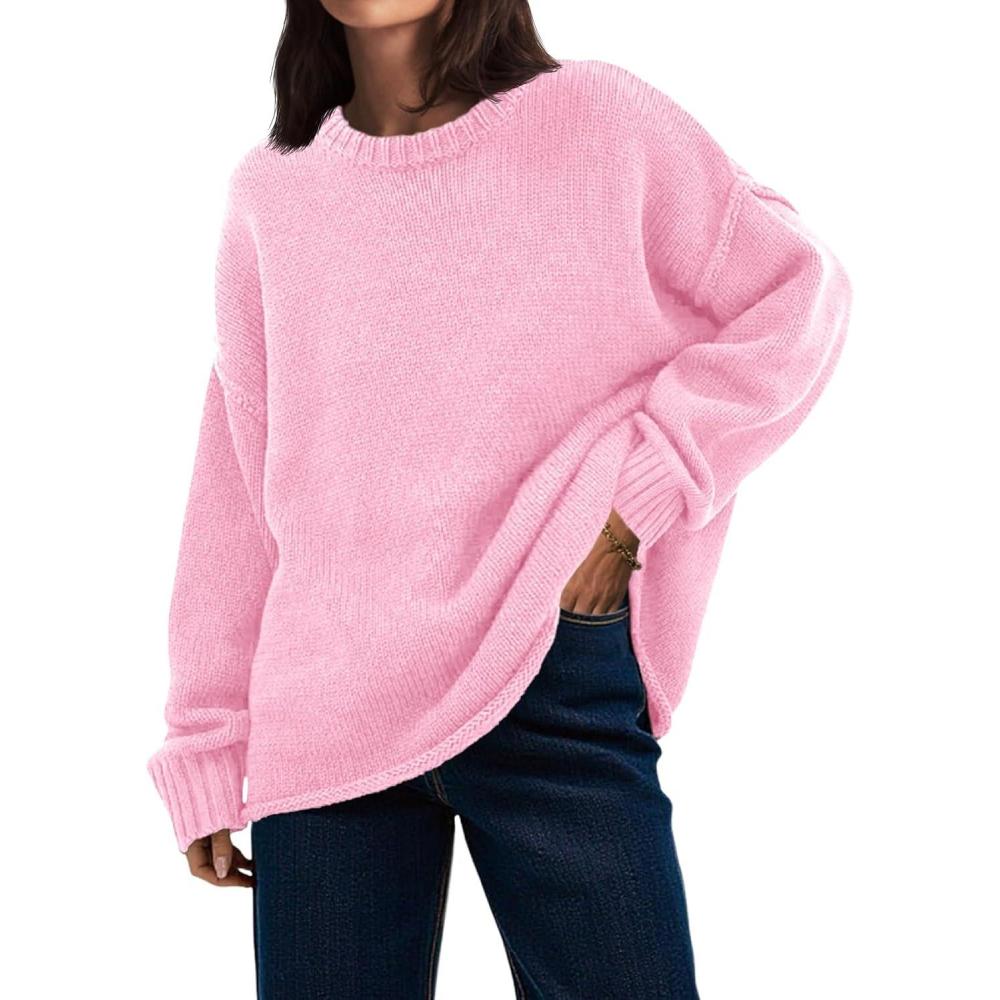 imageSaodimallsu Womens Oversized Crew Neck Sweaters Long Sleeve Slouchy Knit Fall Casual Loose Pullover TopsPink