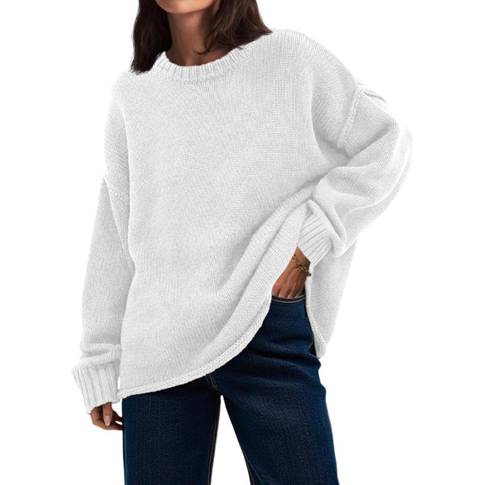 imageSaodimallsu Womens Oversized Crew Neck Sweaters Long Sleeve Slouchy Knit Fall Casual Loose Pullover TopsWhite