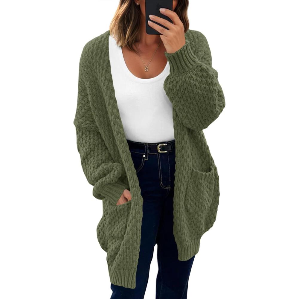 imageSaodimallsu Womens Oversized Open Front Cardigans Fall Chunky Knit Lantern Long Sleeve Sweater Coats with PocketsArmy Green