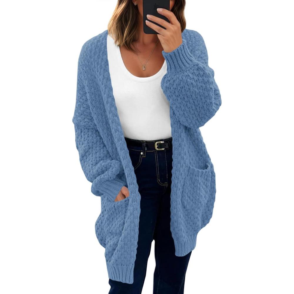 imageSaodimallsu Womens Oversized Open Front Cardigans Fall Chunky Knit Lantern Long Sleeve Sweater Coats with PocketsBlue