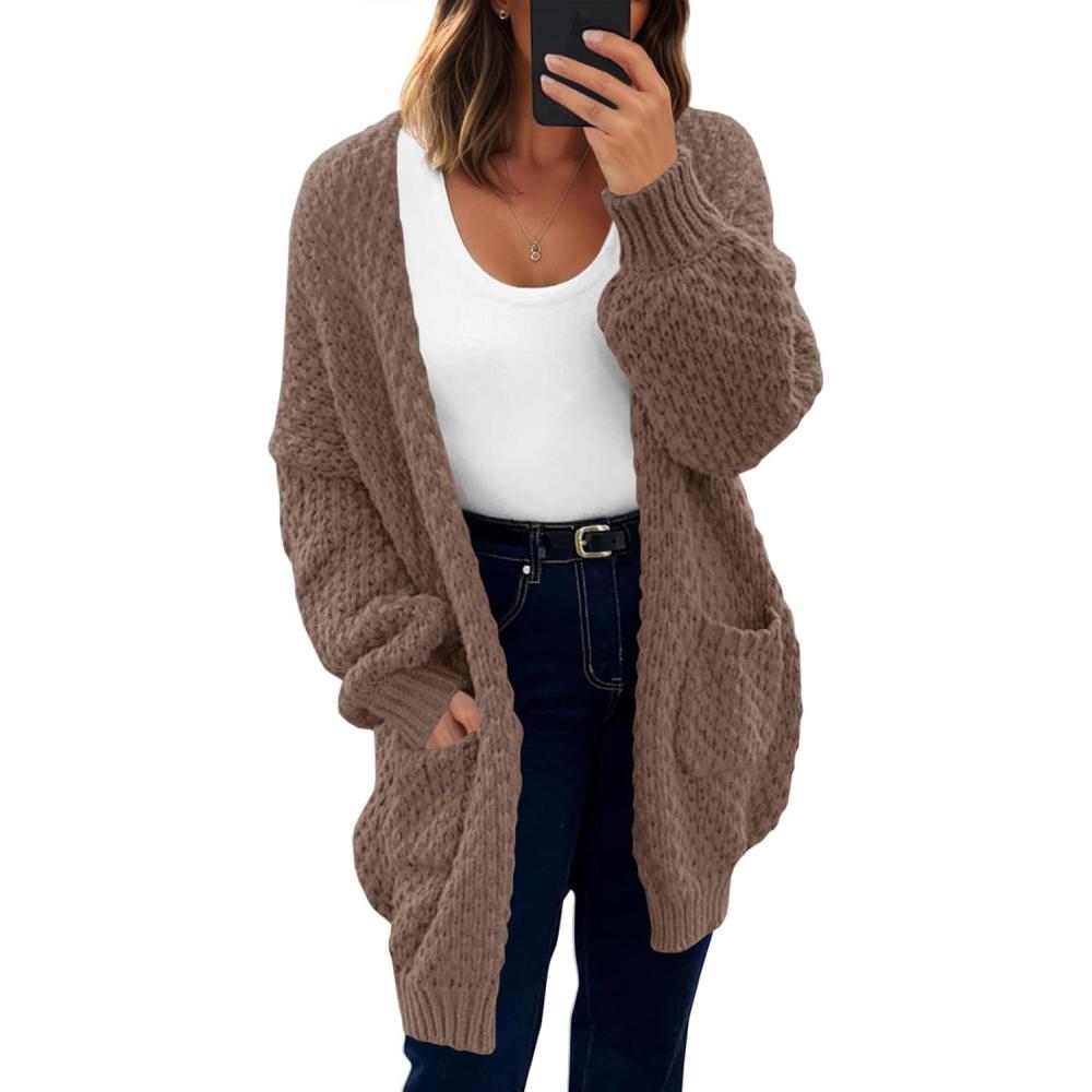 imageSaodimallsu Womens Oversized Open Front Cardigans Fall Chunky Knit Lantern Long Sleeve Sweater Coats with PocketsBrown