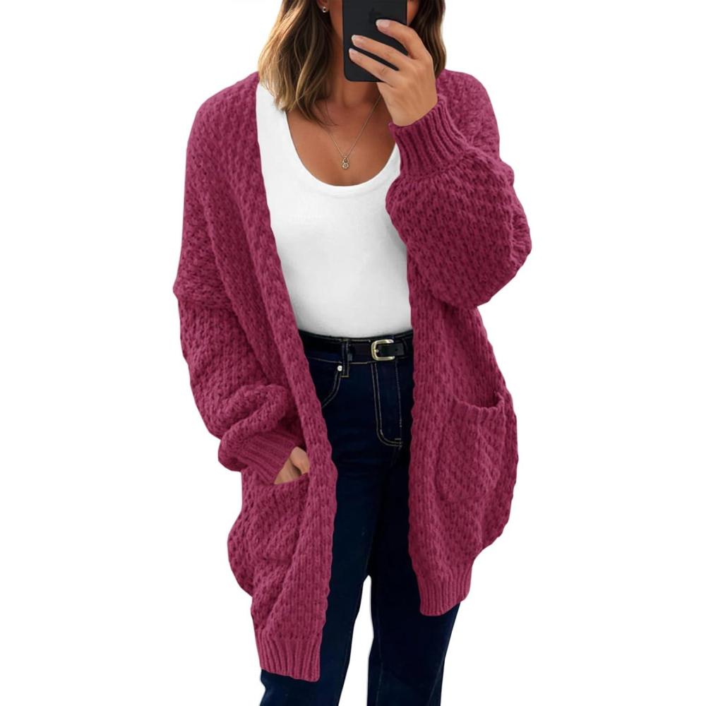 imageSaodimallsu Womens Oversized Open Front Cardigans Fall Chunky Knit Lantern Long Sleeve Sweater Coats with PocketsBurgundy