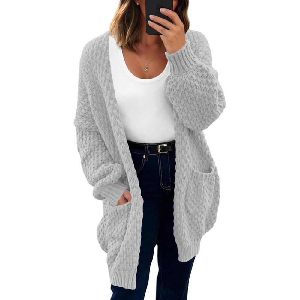 imageSaodimallsu Womens Oversized Open Front Cardigans Fall Chunky Knit Lantern Long Sleeve Sweater Coats with PocketsLight Grey