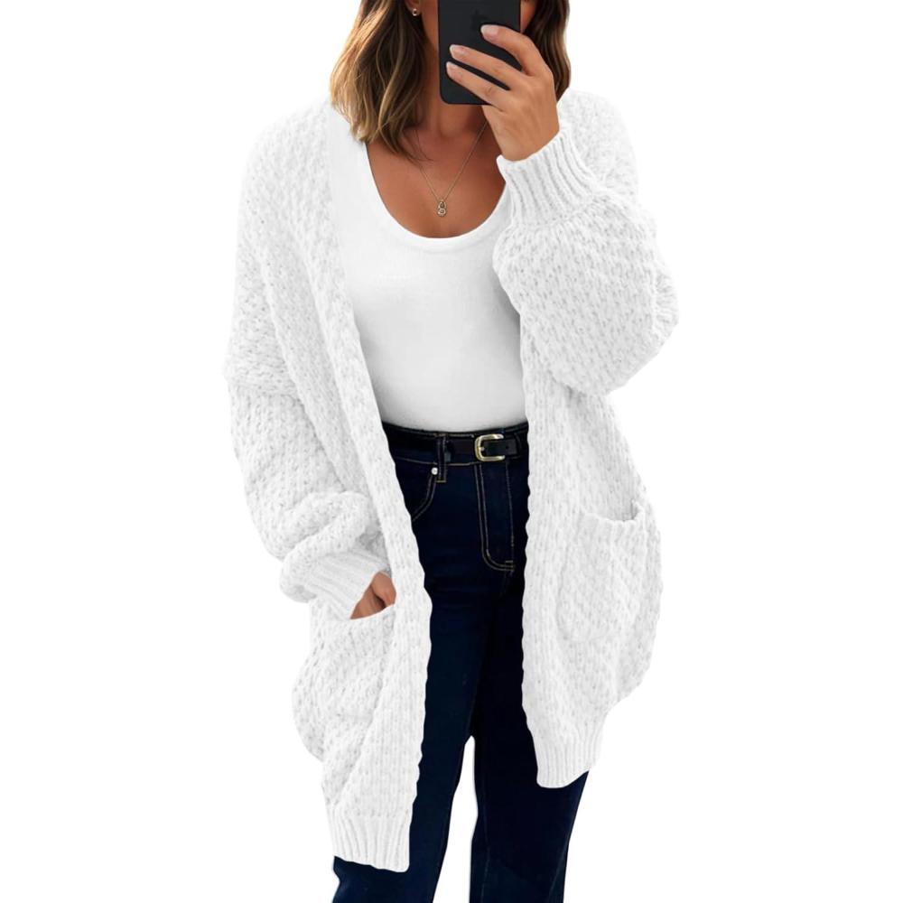 imageSaodimallsu Womens Oversized Open Front Cardigans Fall Chunky Knit Lantern Long Sleeve Sweater Coats with PocketsWhite