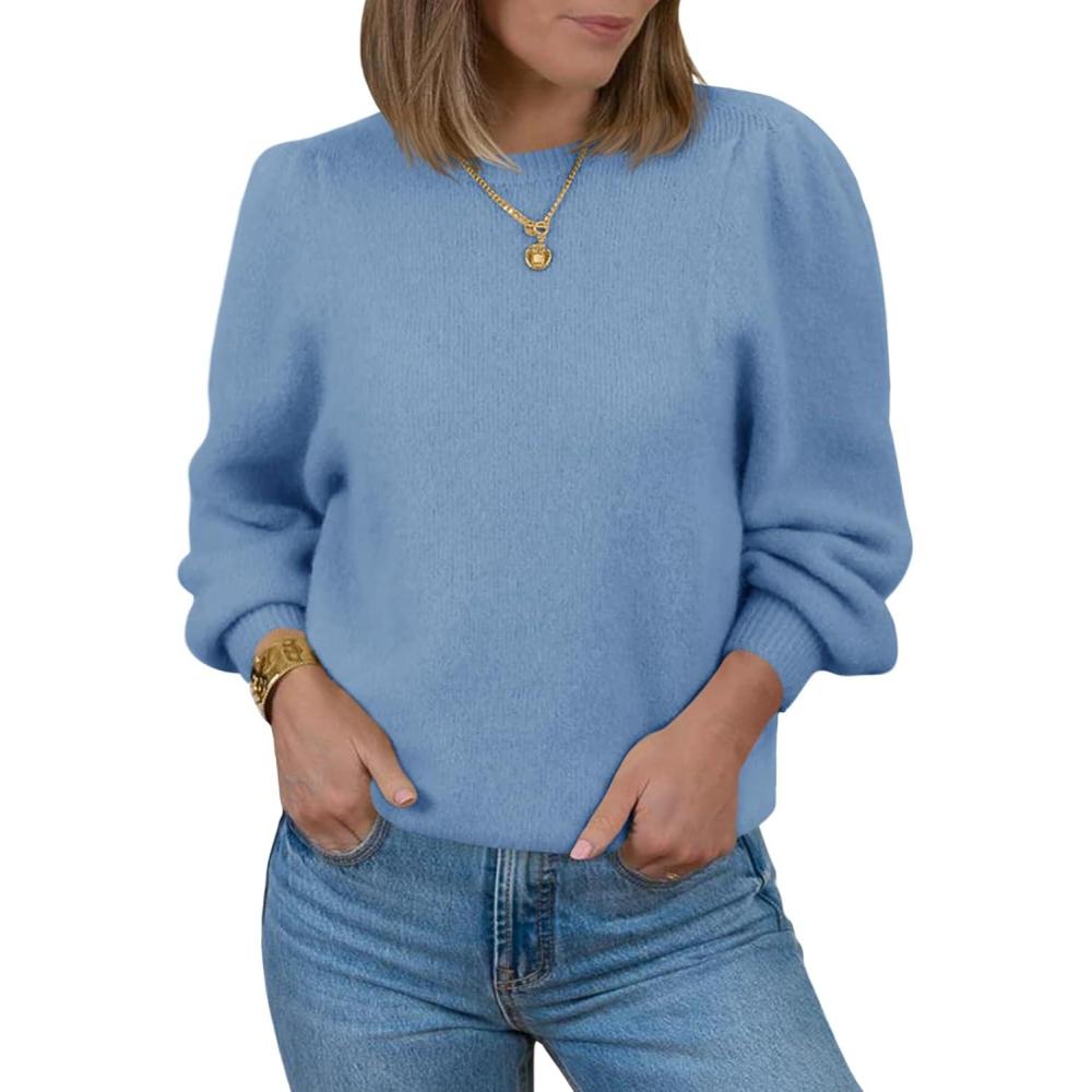 imageSaodimallsu Womens Puff Long Sleeve Sweaters Fall Crew Neck Cozy Soft Knit Loose Casual Pullover TopsBlue