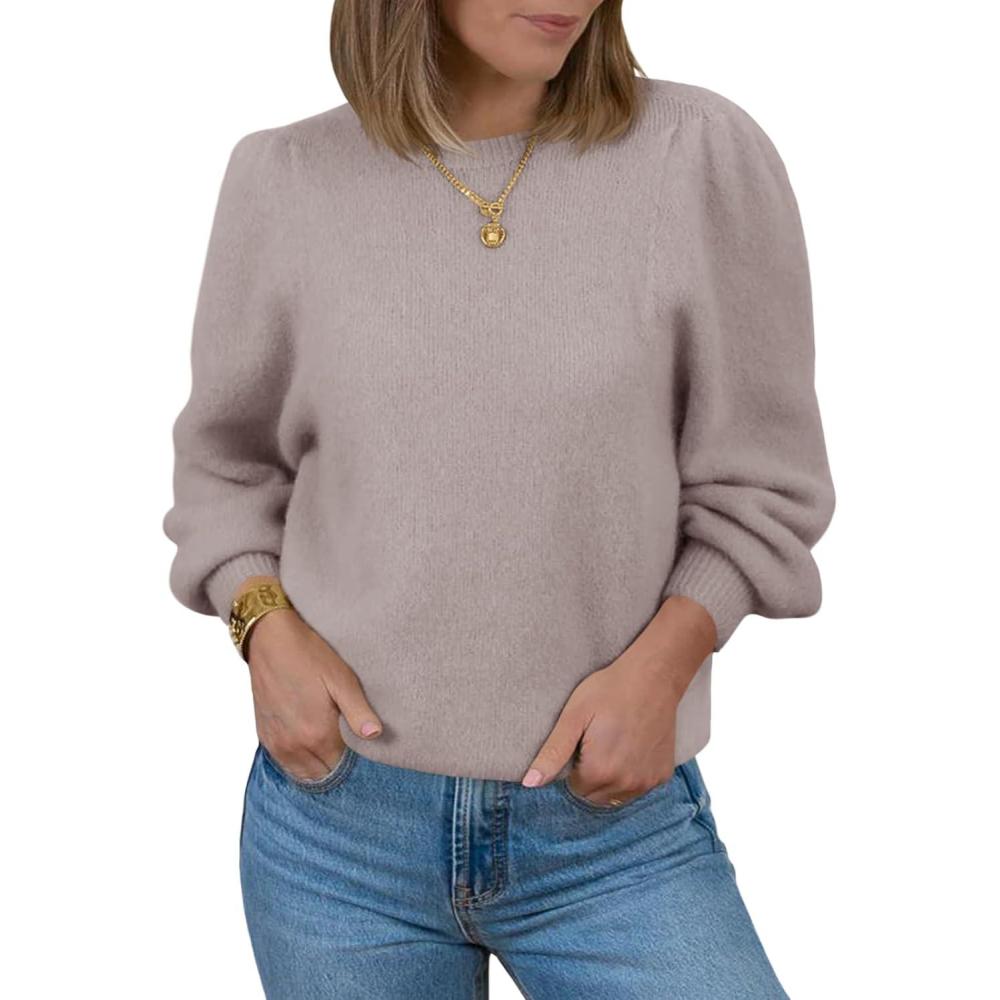 imageSaodimallsu Womens Puff Long Sleeve Sweaters Fall Crew Neck Cozy Soft Knit Loose Casual Pullover TopsKhaki